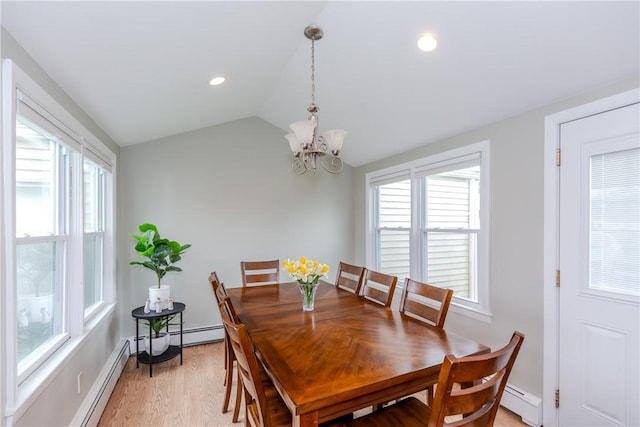 40 Lufkin Ct, Warwick, RI 02888 - dining space featuring a chandelier, light wood finished floors, baseboard heating, lofted ceiling, and recessed lighting