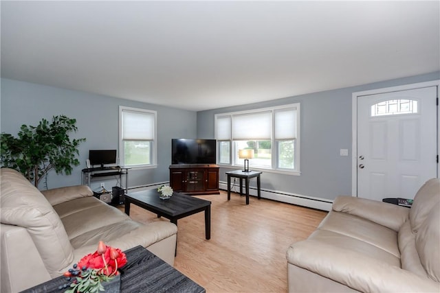 40 Lufkin Ct, Warwick, RI 02888 - living room featuring a baseboard radiator, plenty of natural light, light wood-style floors, and a baseboard heating unit