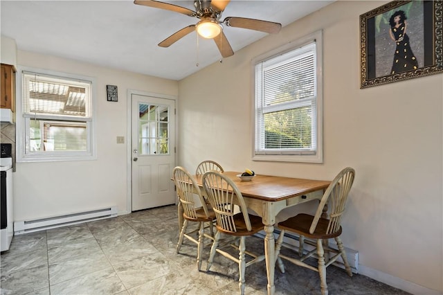 116 Balsam Rd, South Kingstown, RI 02879 - dining space with baseboard heating and a ceiling fan