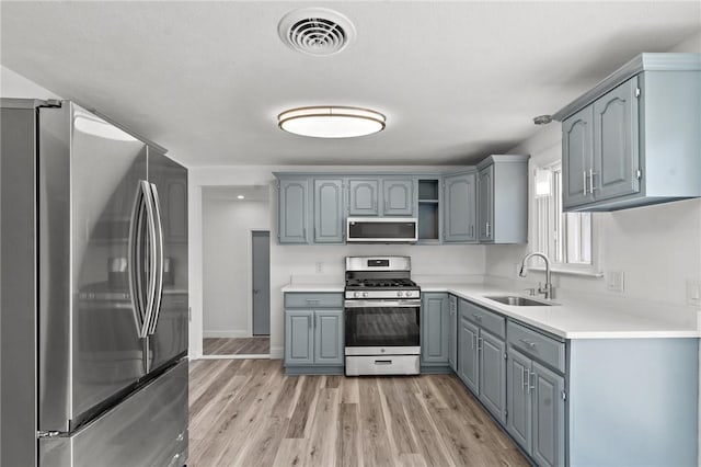 299 George Arden Ave, Warwick, RI 02886 - kitchen featuring stainless steel appliances, gray cabinetry, light wood finished floors, and open shelves
