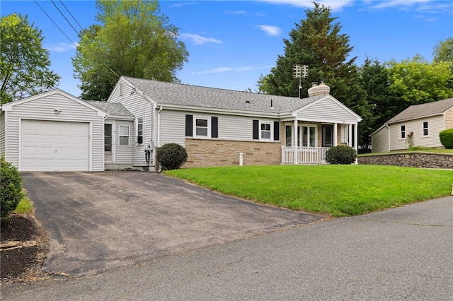 41 Valley View Dr, Cumberland, RI 02864 - ranch-style home featuring an attached garage, a chimney, a front yard, driveway, and a porch