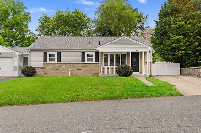 41 Valley View Dr, Cumberland, RI 02864 - single story home with concrete driveway, a sunroom, a chimney, roof with shingles, and stone siding