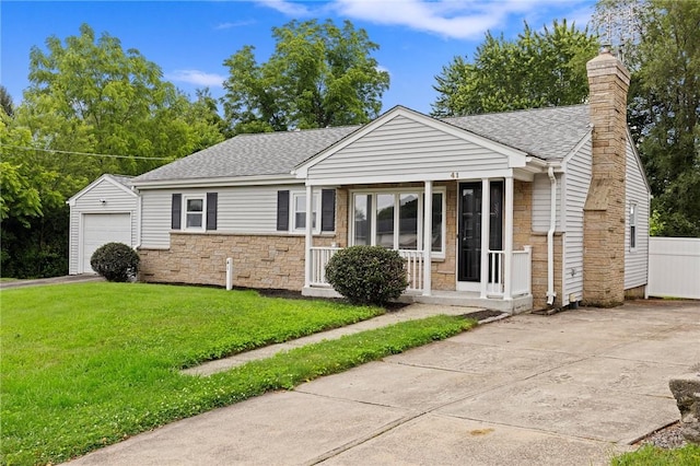 41 Valley View Dr, Cumberland, RI 02864 - ranch-style house featuring stone siding, driveway, roof with shingles, and a chimney