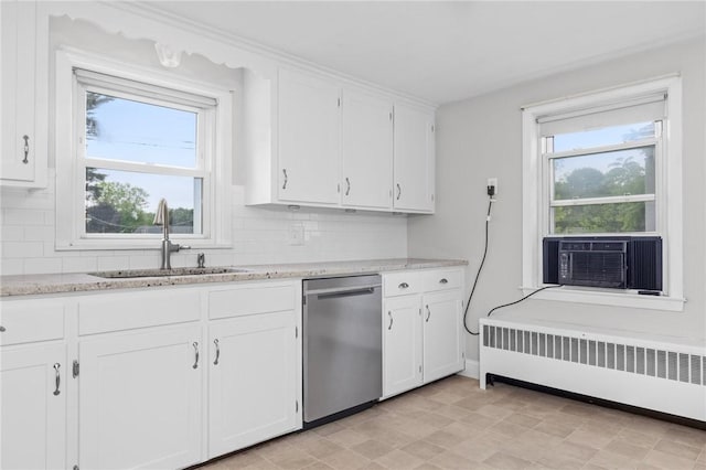 41 Valley View Dr, Cumberland, RI 02864 - kitchen featuring radiator, stainless steel dishwasher, cooling unit, white cabinetry, and decorative backsplash