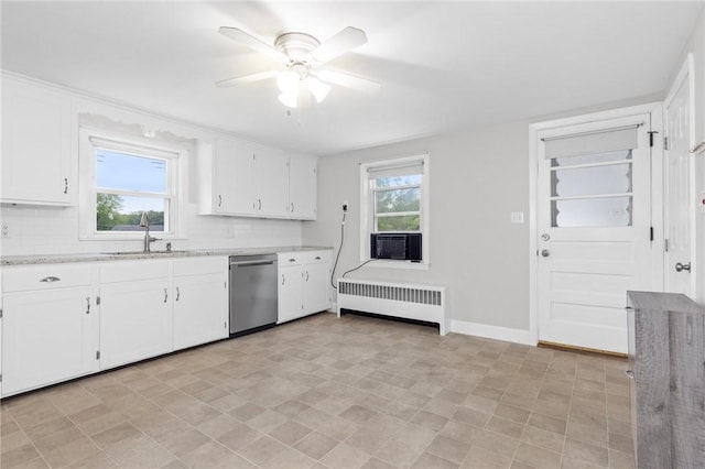 41 Valley View Dr, Cumberland, RI 02864 - kitchen featuring radiator, stainless steel dishwasher, a ceiling fan, white cabinets, and cooling unit