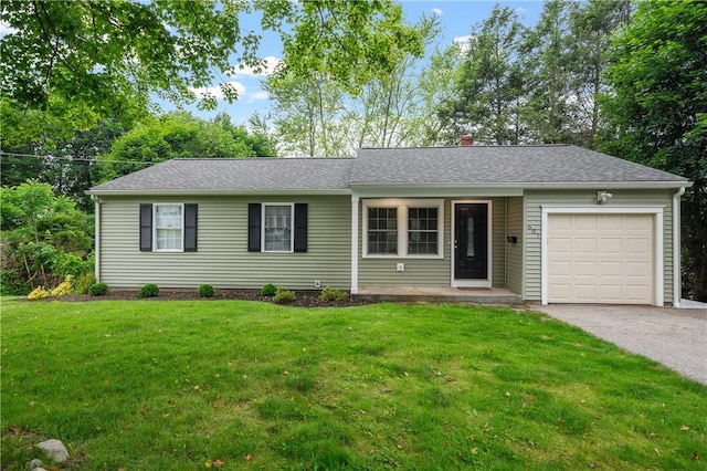 607 Knollwood Dr, Woonsocket, RI 02895 - ranch-style house with an attached garage, asphalt driveway, a front yard, a chimney, and a shingled roof