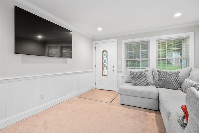 607 Knollwood Dr, Woonsocket, RI 02895 - carpeted living area with ornamental molding, wainscoting, and recessed lighting