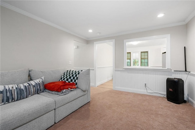 607 Knollwood Dr, Woonsocket, RI 02895 - carpeted living area featuring crown molding and recessed lighting