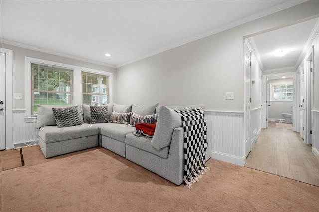 607 Knollwood Dr, Woonsocket, RI 02895 - living area with ornamental molding, wainscoting, light carpet, and recessed lighting