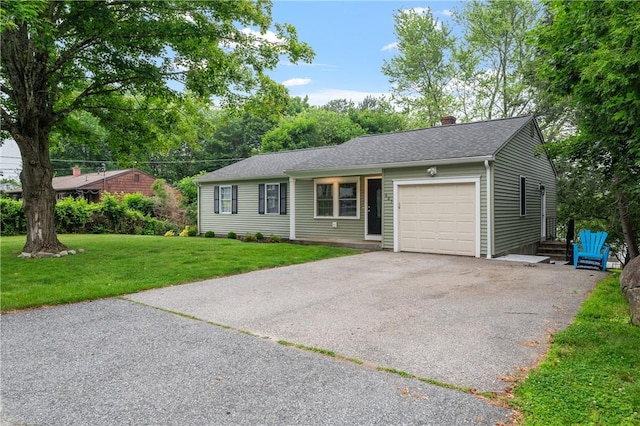 607 Knollwood Dr, Woonsocket, RI 02895 - single story home featuring an attached garage, asphalt driveway, a front yard, and a chimney