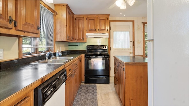 92 Glendale Dr, West Warwick, RI 02893 - kitchen with black range with electric cooktop, under cabinet range hood, white dishwasher, dark countertops, and a ceiling fan
