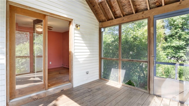 92 Glendale Dr, West Warwick, RI 02893 - unfurnished sunroom with hardwood / wood-style flooring, lofted ceiling, plenty of natural light, wood walls, and a ceiling fan