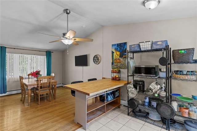 4 Clarke St, Warwick, RI 02886 - kitchen featuring lofted ceiling, stainless steel microwave, wooden counters, a ceiling fan, and baseboard heating