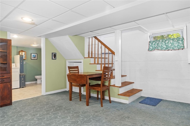 161 Ferncrest Ave, Cranston, RI 02905 - dining area with carpet floors, stairs, and washer / dryer
