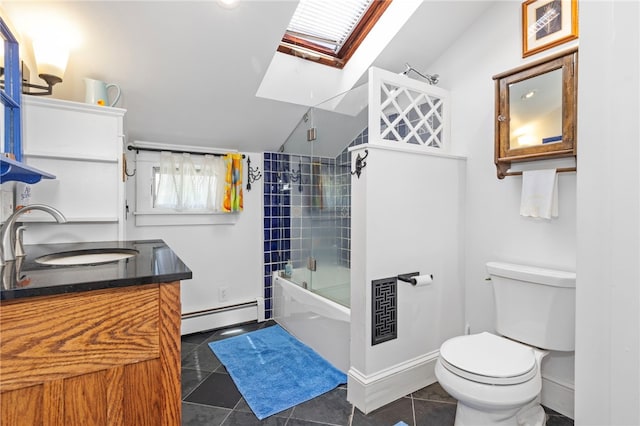 161 Ferncrest Ave, Cranston, RI 02905 - full bath featuring a baseboard heating unit, a skylight, vanity, enclosed tub / shower combo, and tile patterned flooring