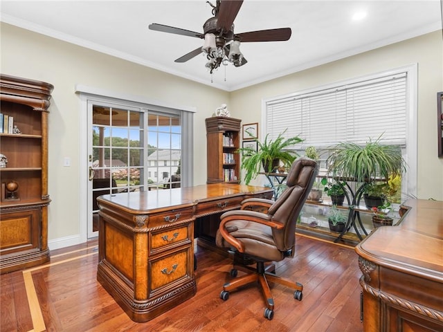 2 Medinah Dr, West Warwick, RI 02893 - home office featuring wood-type flooring, a ceiling fan, and crown molding