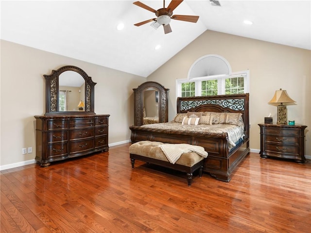 2 Medinah Dr, West Warwick, RI 02893 - bedroom with wood finished floors, high vaulted ceiling, a ceiling fan, and recessed lighting