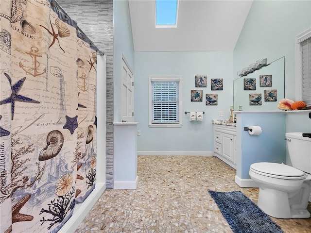 2 Medinah Dr, West Warwick, RI 02893 - full bathroom with vanity, a shower with shower curtain, healthy amount of natural light, and high vaulted ceiling