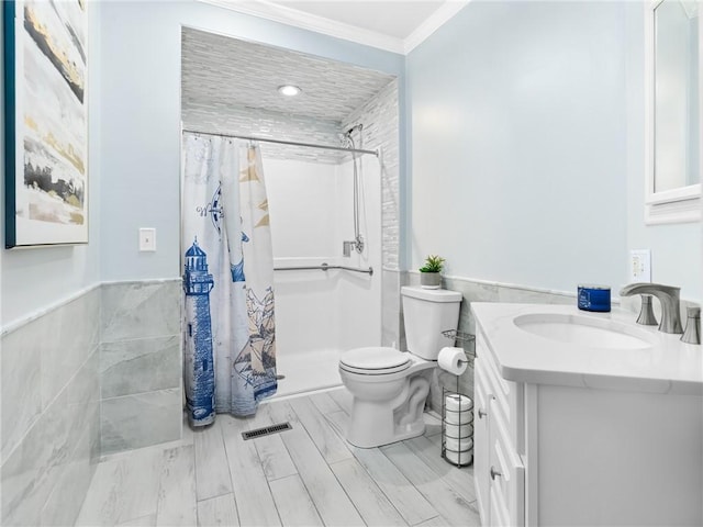 2 Medinah Dr, West Warwick, RI 02893 - bathroom with tile walls, ornamental molding, vanity, a shower with curtain, and wainscoting