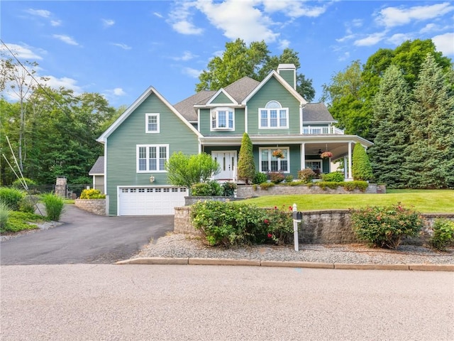 2 Medinah Dr, West Warwick, RI 02893 - view of front of house featuring a chimney, a garage, driveway, and a porch