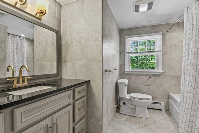 88 Grand View Rd, East Greenwich, RI 02818 - bathroom featuring tile walls, a baseboard radiator, tile patterned floors, vanity, and shower / bath combo