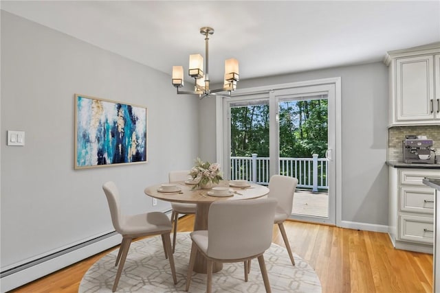 88 Grand View Rd, East Greenwich, RI 02818 - dining area with a baseboard heating unit, a chandelier, and light wood-style flooring