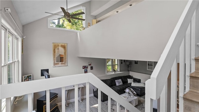 14 Deer Run Dr, Coventry, RI 02816 - staircase with ceiling fan, wood finished floors, and high vaulted ceiling