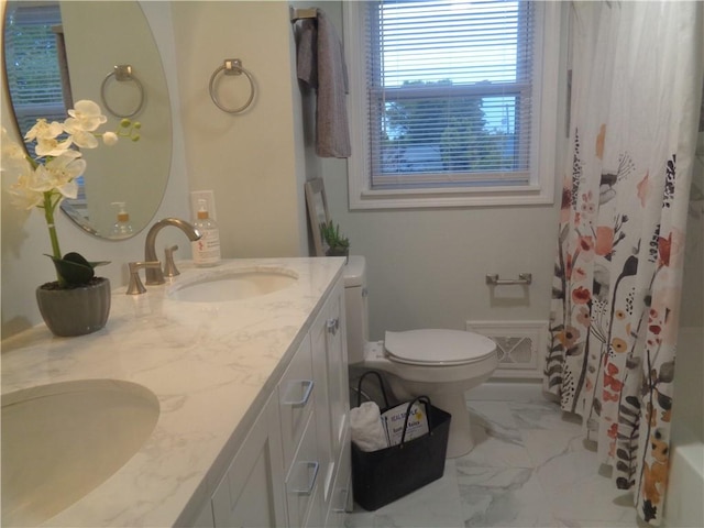 155 Lewiston St, Warwick, RI 02889 - bathroom with marble finish floors, double vanity, and curtained shower