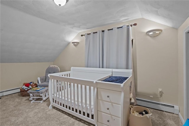 273 Main St, Cranston, RI 02823 - carpeted bedroom featuring a baseboard radiator, lofted ceiling, and a nursery area