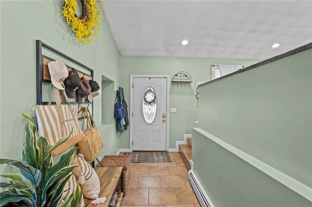 273 Main St, Cranston, RI 02823 - tiled foyer with baseboard heating, recessed lighting, and stairway