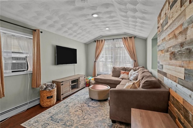 273 Main St, Cranston, RI 02823 - living area with a baseboard radiator, lofted ceiling, wood finished floors, and cooling unit