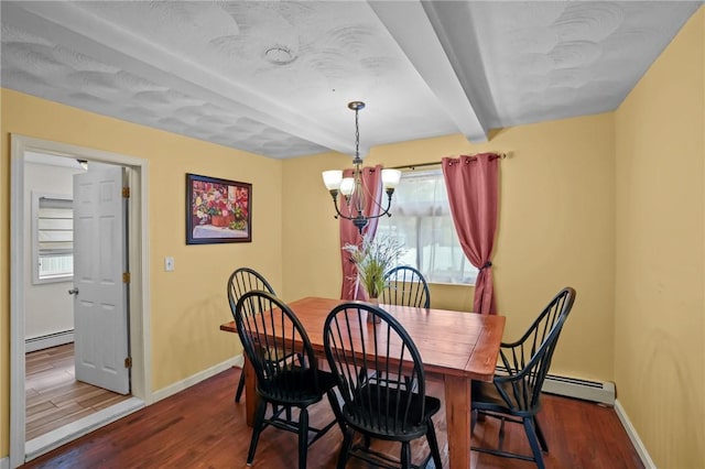 273 Main St, Cranston, RI 02823 - dining area with baseboard heating, beam ceiling, healthy amount of natural light, a chandelier, and dark wood-style floors