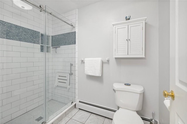 34 Finch Ln, North Kingstown, RI 02874 - bathroom with a baseboard heating unit, a shower stall, and tile patterned floors