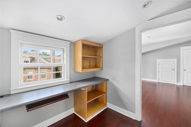 279 Benefit St Unit 3, Providence, RI 02903 - unfurnished office with built in study area, dark wood-style floors, recessed lighting, and vaulted ceiling
