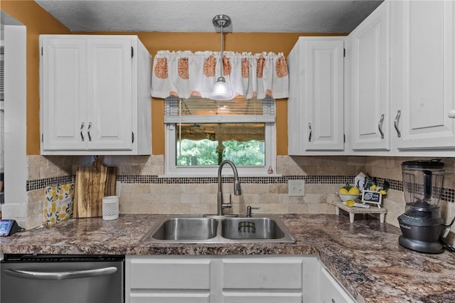 47 Pheasant Run Unit A, Smithfield, RI 02917 - kitchen with dishwasher, white cabinetry, tasteful backsplash, and hanging light fixtures