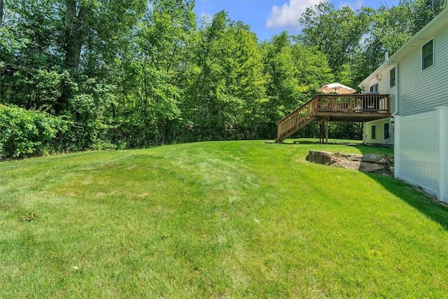 1060 Joslin Rd, Burrillville, RI 02830 - view of green lawn featuring a wooden deck and stairway