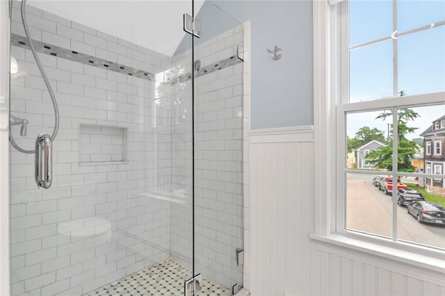 1 Slocum St, Newport, RI 02840 - full bathroom featuring a stall shower and a wainscoted wall