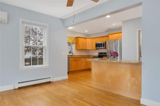 1 Slocum St, Newport, RI 02840 - kitchen with appliances with stainless steel finishes, a baseboard radiator, plenty of natural light, light wood finished floors, and recessed lighting