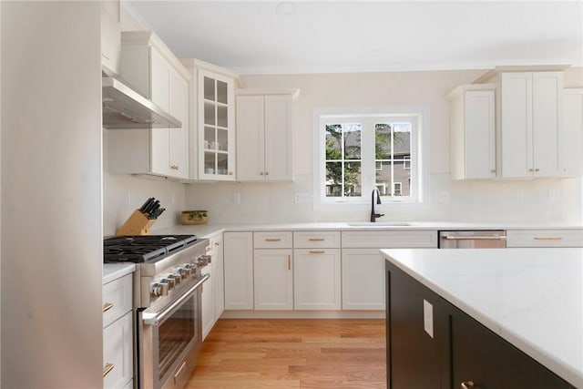 9 Scarlett Way, Cranston, RI 02921 - kitchen featuring stainless steel appliances, wall chimney range hood, light wood finished floors, glass insert cabinets, and white cabinets