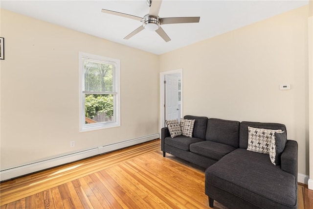 2 Palfrey Pl, Providence, RI 02909 - living room featuring a baseboard radiator, light wood-style floors, and a ceiling fan