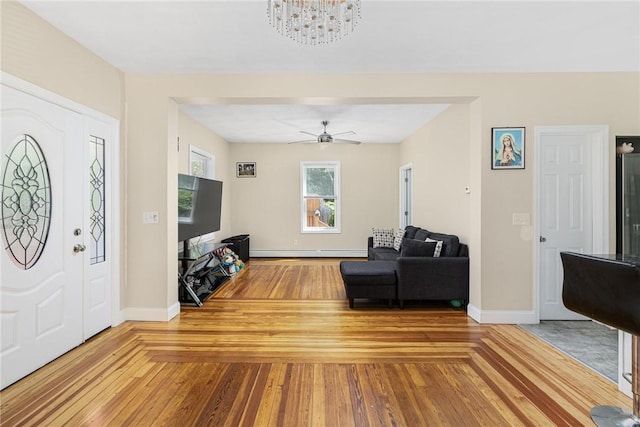 2 Palfrey Pl, Providence, RI 02909 - entryway featuring hardwood / wood-style flooring, a baseboard heating unit, a chandelier, and a ceiling fan