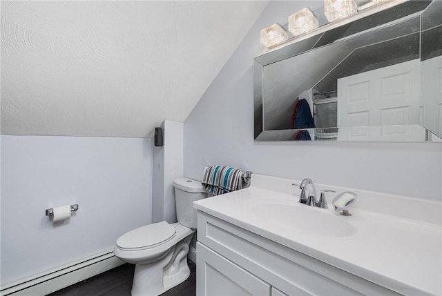 2 Palfrey Pl, Providence, RI 02909 - full bath featuring a baseboard heating unit, lofted ceiling, vanity, and a shower