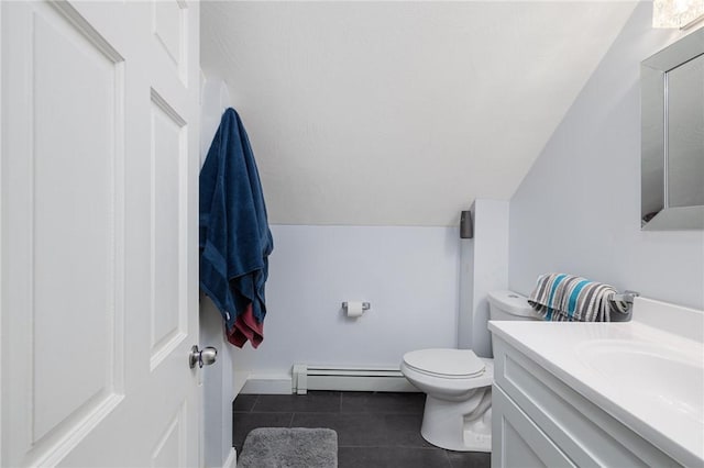 2 Palfrey Pl, Providence, RI 02909 - bathroom with a baseboard radiator, tile patterned flooring, vanity, and vaulted ceiling