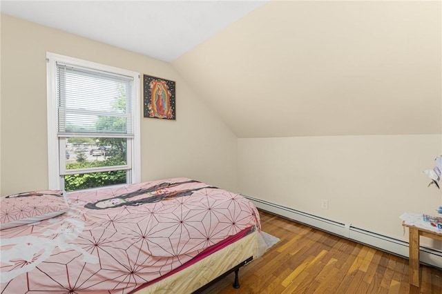 2 Palfrey Pl, Providence, RI 02909 - bedroom featuring a baseboard heating unit, lofted ceiling, and wood finished floors