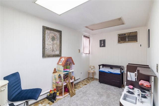 598 Laurel Hill Ave, Cranston, RI 02920 - carpeted bedroom with attic access, a baseboard radiator, and a wall mounted air conditioner