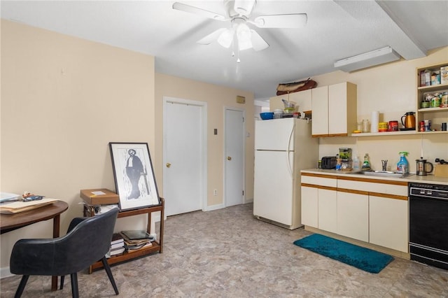 598 Laurel Hill Ave, Cranston, RI 02920 - kitchen featuring freestanding refrigerator, black dishwasher, a ceiling fan, light countertops, and open shelves