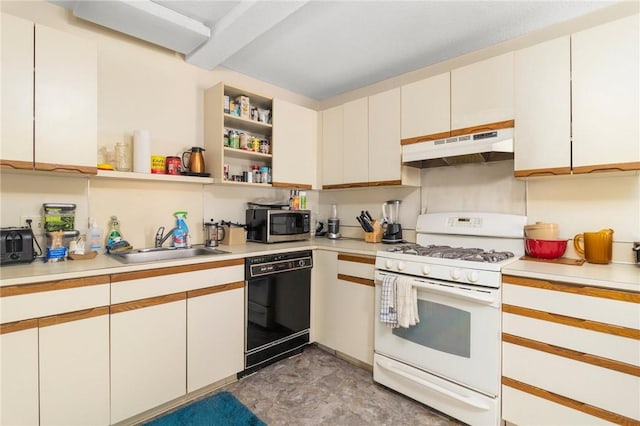 598 Laurel Hill Ave, Cranston, RI 02920 - kitchen with white range with gas cooktop, under cabinet range hood, dishwasher, stainless steel microwave, and light countertops