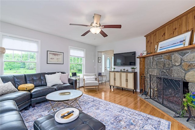 5 Havens Rd, Westerly, RI 02891 - living room featuring wood finished floors, ceiling fan, and a fireplace