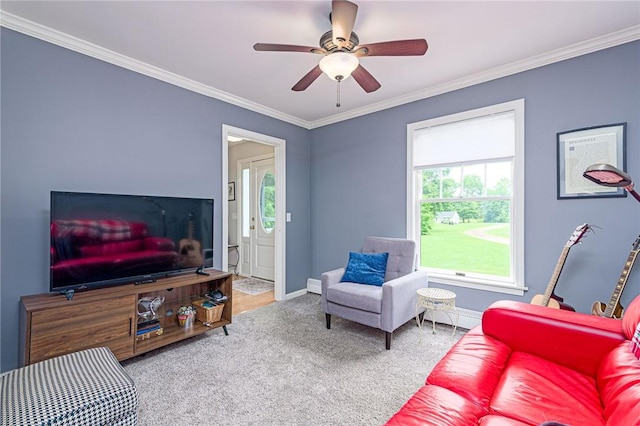 5 Havens Rd, Westerly, RI 02891 - carpeted living area featuring ornamental molding and a ceiling fan