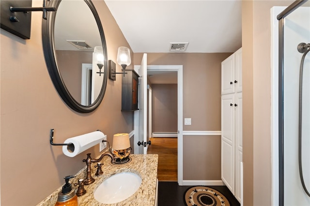 320 Miantonomo Dr, Warwick, RI 02888 - bathroom featuring baseboard heating and wood finished floors